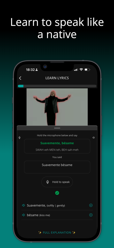 LyricFluent mobile app interface showing a Spanish pronunciation exercise with music lyrics and voice recognition