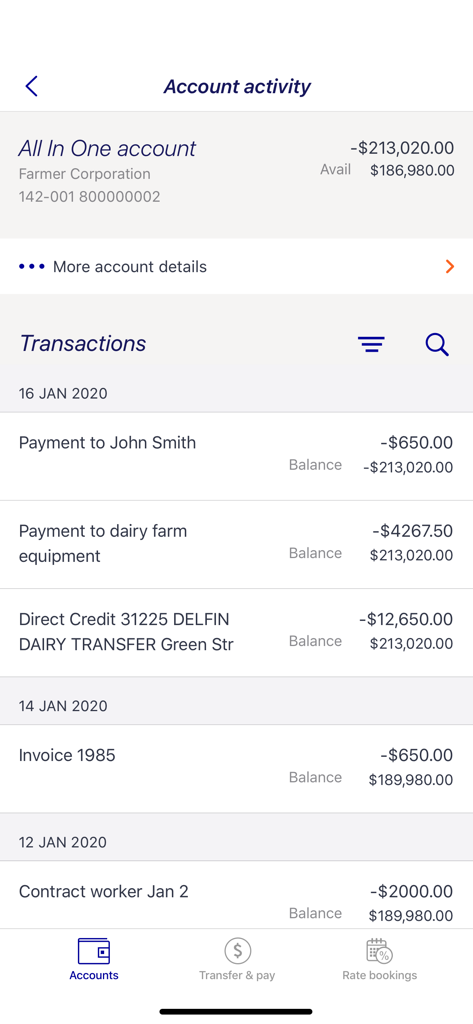 Rabobank AU - Transaction history for a farm business account in the Rabobank AU mobile app