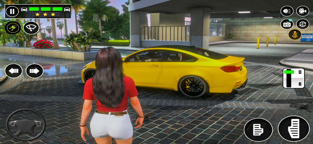 Driving School Car Games 3D gameplay showing a yellow sports car and character in an urban setting