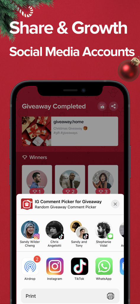 Comment Picker for Giveaway - プレゼント企画の結果と、InstagramおよびTikTokで共有するオプションが表示されたモバイルアプリインターフェース。当選者リストが含まれている。
