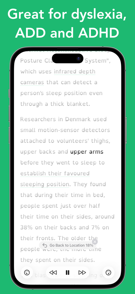 Outread speed reading interface on a smartphone highlighting text to assist users with dyslexia, ADD, and ADHD.