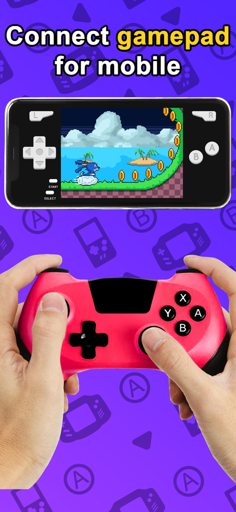 Delplay GBA emulator - A person holding a pink gamepad to play a retro platformer game on an iPhone using the Delplay GBA emulator