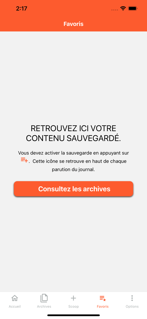 L’Oie Blanche - Écran des favoris de l'application d'actualités LOie Blanche montrant la section du contenu enregistré.