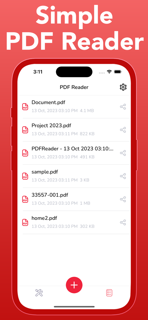 PDF Reader PDF Viewer - Simple PDF Readerダッシュボード内のPDFドキュメントのリストを示すモバイルアプリインターフェイス。