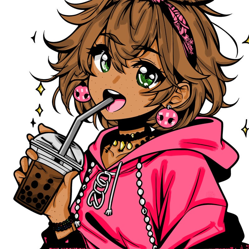 hot baddie anime girl drinking boba and biting the straw