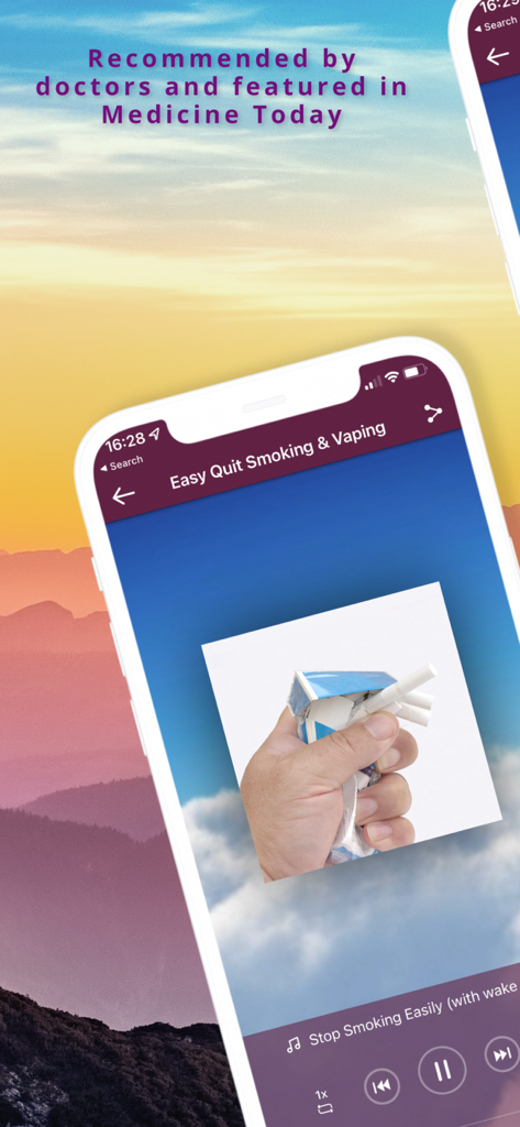 Easy Quit Smoking & Vaping - Easy Quit Smoking and Vaping app interface showing a hypnosis audio session and a hand crushing a cigarette pack