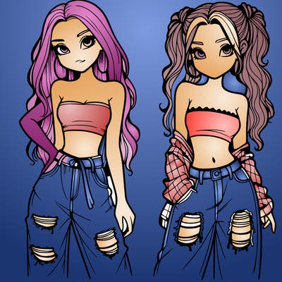 2 girls in crop tops and baggy jeans ripped