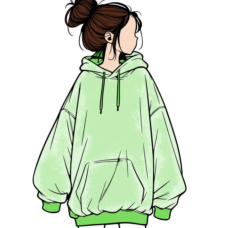realistic girl with a oversized sweatshirt on and a bun