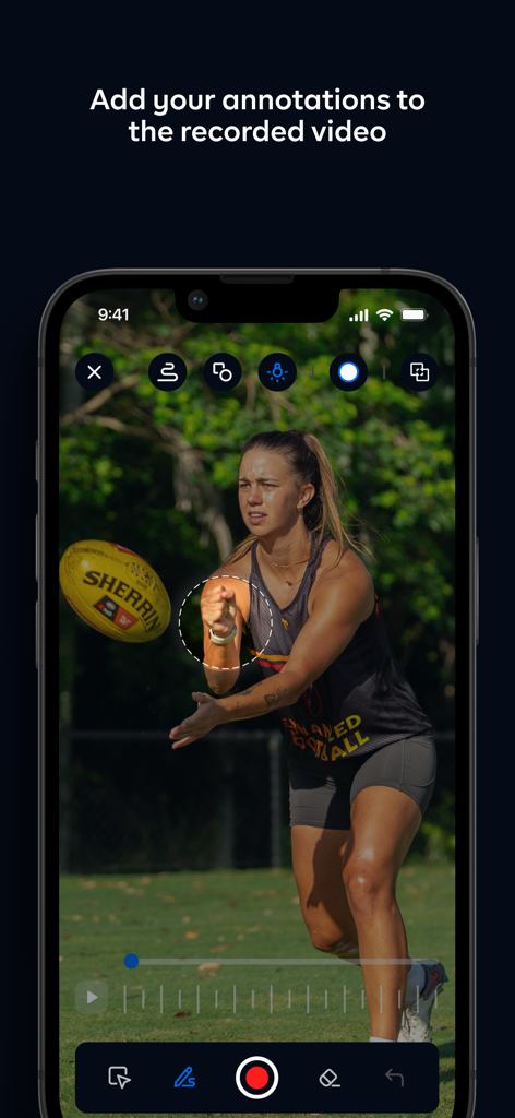 Enhanced Coach - Mobile app interface showing a circular highlight annotation on an athlete playing football