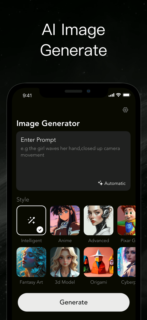 G.AI 4.1 - Ask AI Chatbot - AI image generator interface featuring various art styles and a text prompt input