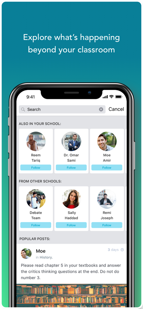 MyU - Interactive Learning - MyU app discovery screen featuring suggested educators to follow and popular classroom posts