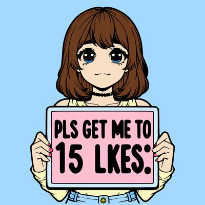 realistic girl holding up a sign that says “pls get me to 15 likes!”