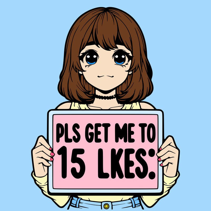 realistic girl holding up a sign that says “pls get me to 15 likes!”
