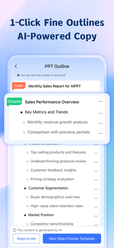 AiPPT - PPT & Slide Maker - 月次売上レポートのAI搭載プレゼンテーションアウトライン（章と主要指標を含む）を表示するモバイルアプリ画面。