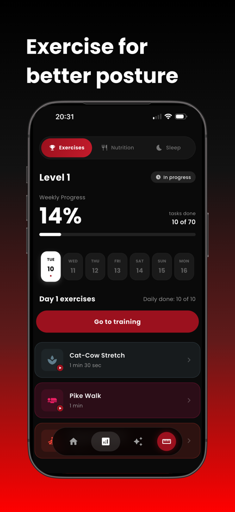 HeightMax app interface showing personalized posture exercises and weekly progress tracking for height optimization