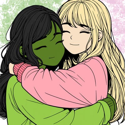 realistic two girls hugging
