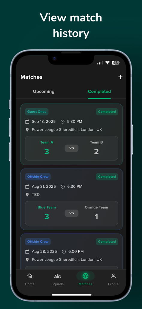 Squaded: Football Organiser - A screenshot of the Squaded app showing a list of completed soccer match results including scores and locations