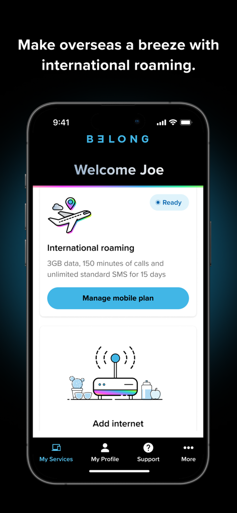 Belong app interface showing international roaming plan details and account services