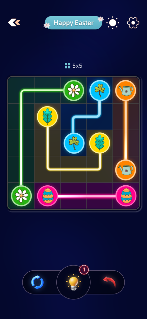 Connect Dots : Link Puzzle - Connect Dots Link Puzzleモバイルゲームのイースターテーマの5x5レベル。ダークモードでの表示
