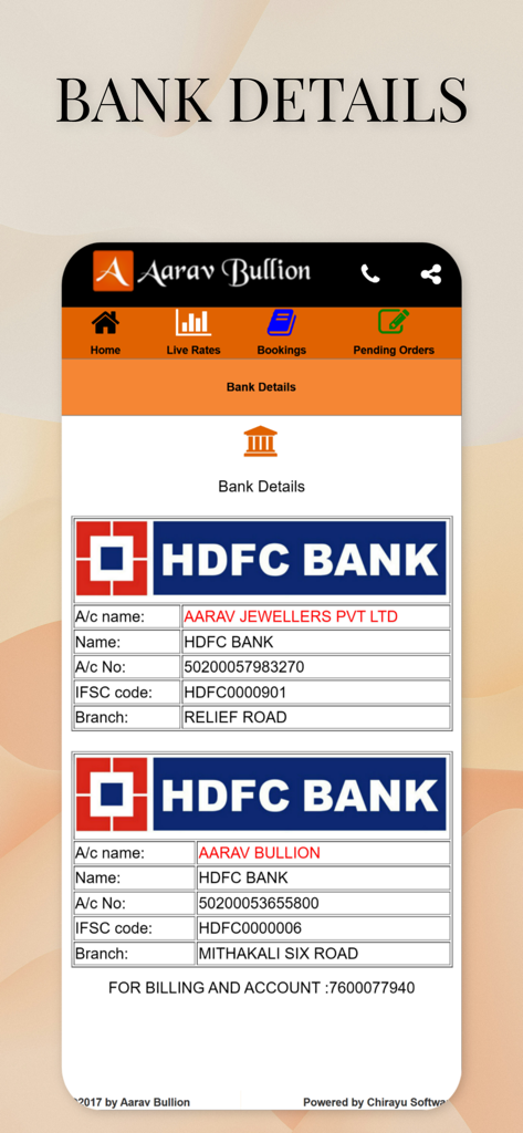 Aarav Bullion - Screenshot of the Aarav Bullion app showing HDFC Bank account information for Aarav Jewellers and Aarav Bullion in India.