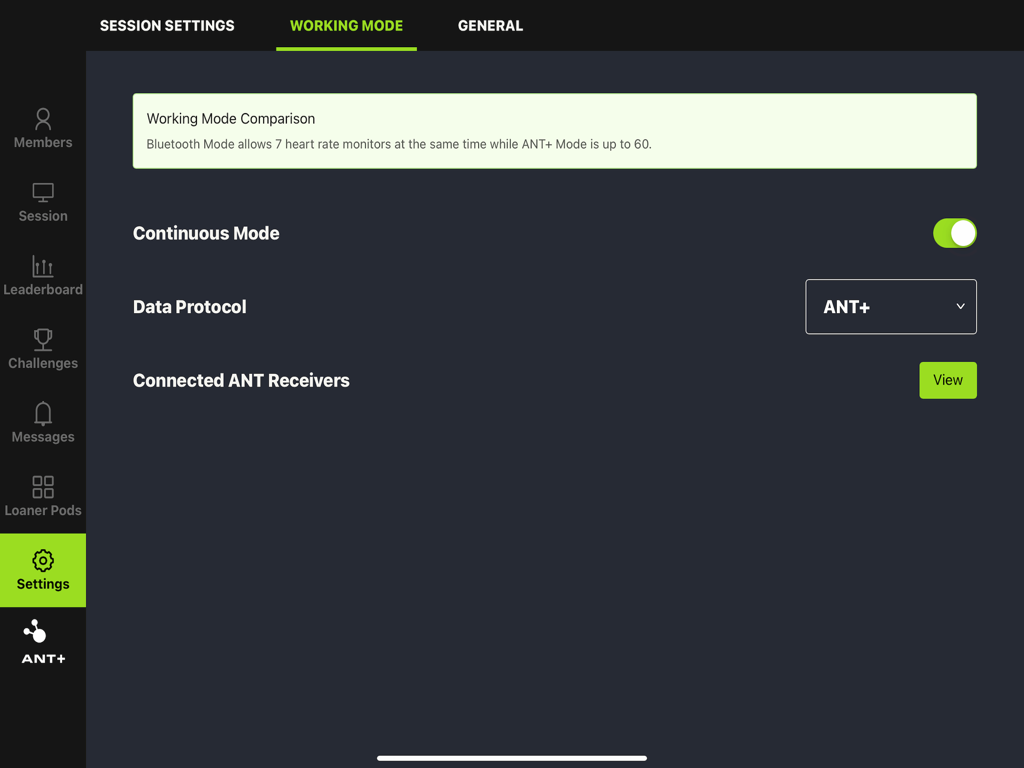 Settings interface of Accuro PT app on iPad showing data protocol options for heart rate monitors.