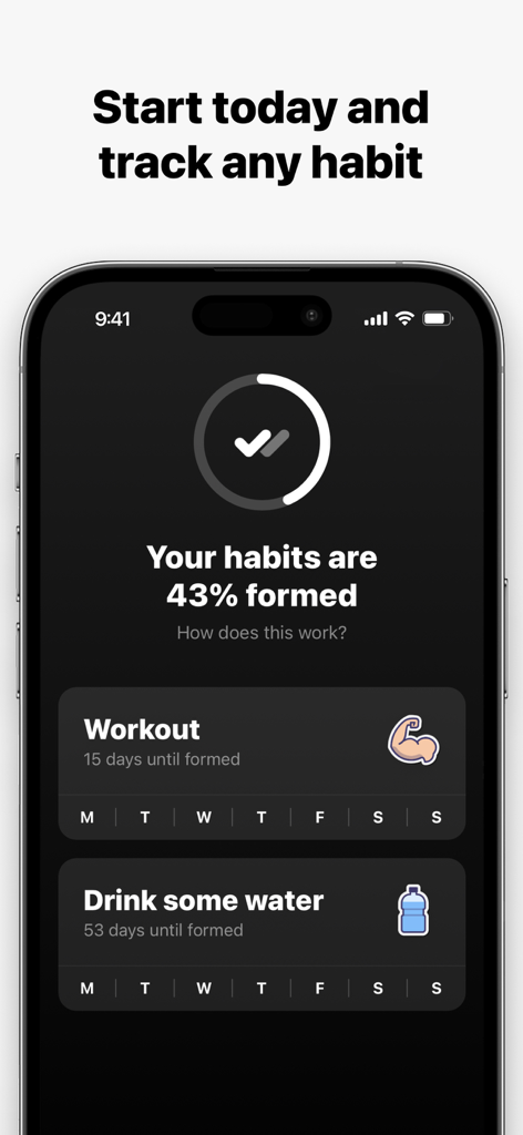 Solid Habits - Interfaz de la aplicación móvil Solid Habits que muestra el porcentaje de formación de hábitos y el seguimiento diario de entrenamiento y consumo de agua.