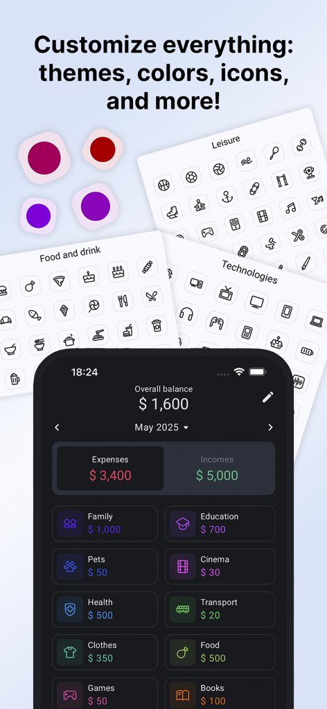 Mony: Budget & Expense Tracker - Mony app screen showing various custom icons and dark mode dashboard with expense categories.