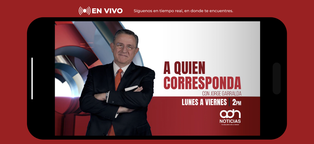 adn Noticias EN VIVO - Smartphone screen displaying the live news show A Quien Corresponda on the adn Noticias app