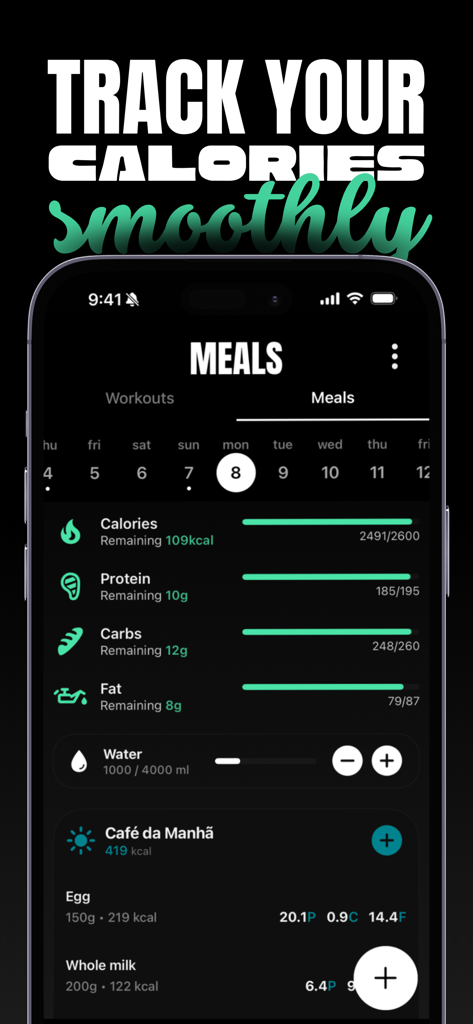 Fitfolio アプリのインターフェースで、タンパク質、炭水化物、脂肪のカロリーとマクロ栄養素の進捗バーが表示されます。