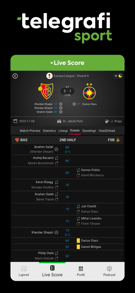 Telegrafi Sport - Pantalla de Resultados en Vivo de la aplicación Telegrafi Sport que muestra los resultados del partido de la Europa League y la línea de tiempo de eventos.