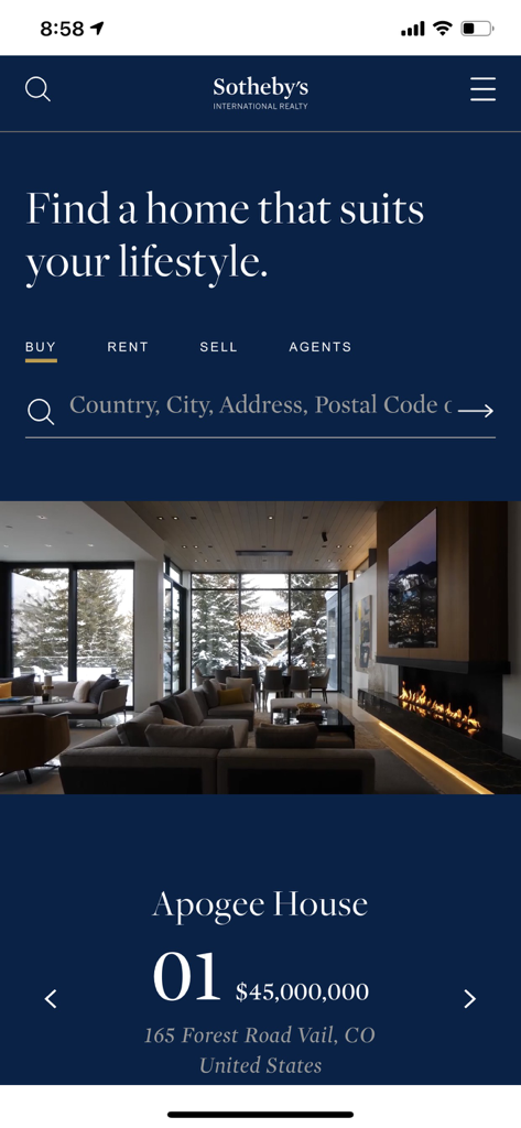 Sotheby's International Realty - Home screen of the Sotheby's International Realty mobile app featuring a forty five million dollar luxury home listing in Vail Colorado