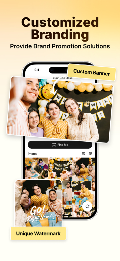 Evoto Instant - iPhone screen displaying the Evoto Instant app customized branding feature with custom banners and unique watermarks on a photo gallery