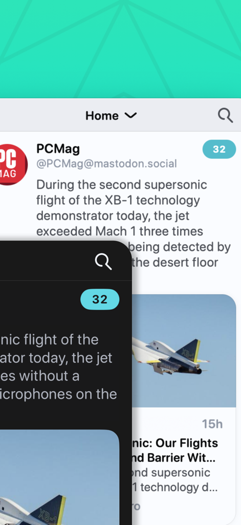 Ivory for Mastodon by Tapbots - Ivory for Mastodon user interface displaying a post with light and dark mode overlays.