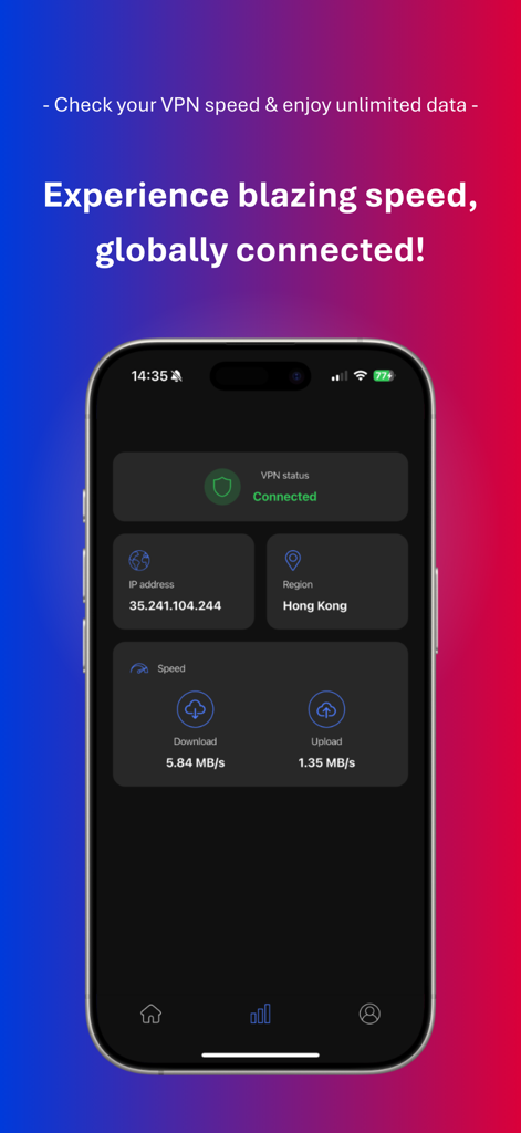 Lightning Cat VPN: Fast & Safe - Lightning Cat VPN app interface showing a connected status to a server in Hong Kong with download and upload speed test results.