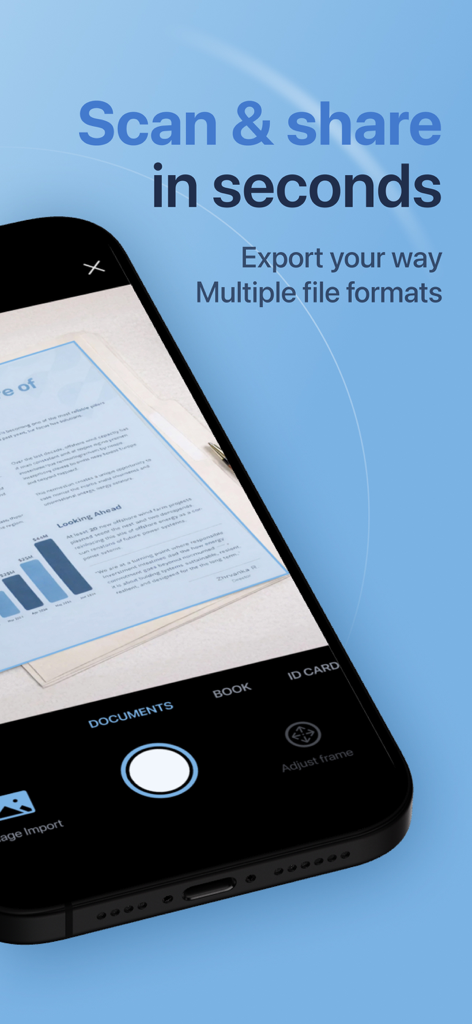 Scanner : PDF Scanner. - A smartphone interface showing the scan and share feature of the Scanner PDF app capturing a document.