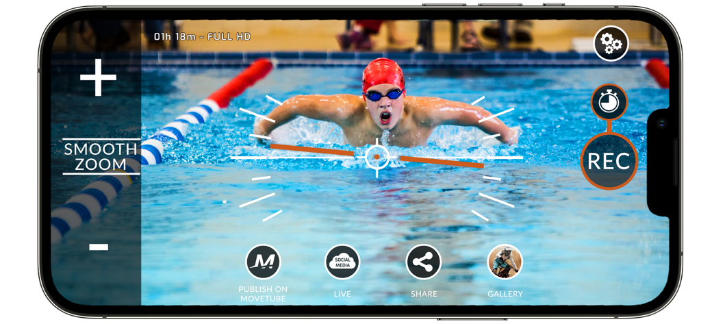 PIXEM Camera - PIXEM Camera app interface overlaying a video of a swimmer with smooth zoom and recording controls