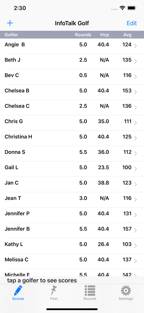 Golf league player list showing handicap and average scores