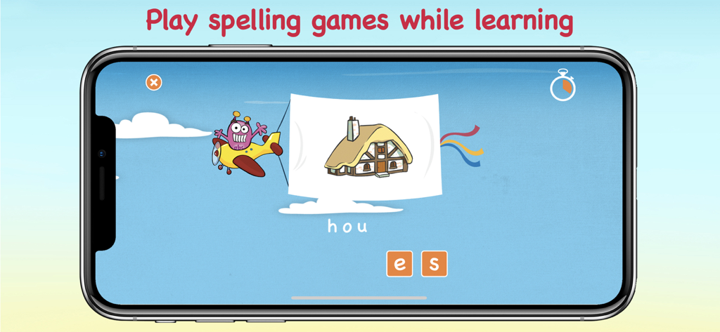 LearnEnglish Kids: Playtime - Uma interface de jogo de ortografia no aplicativo LearnEnglish Kids mostrando um avião de desenho animado e uma casa para ensinar vocabulário.