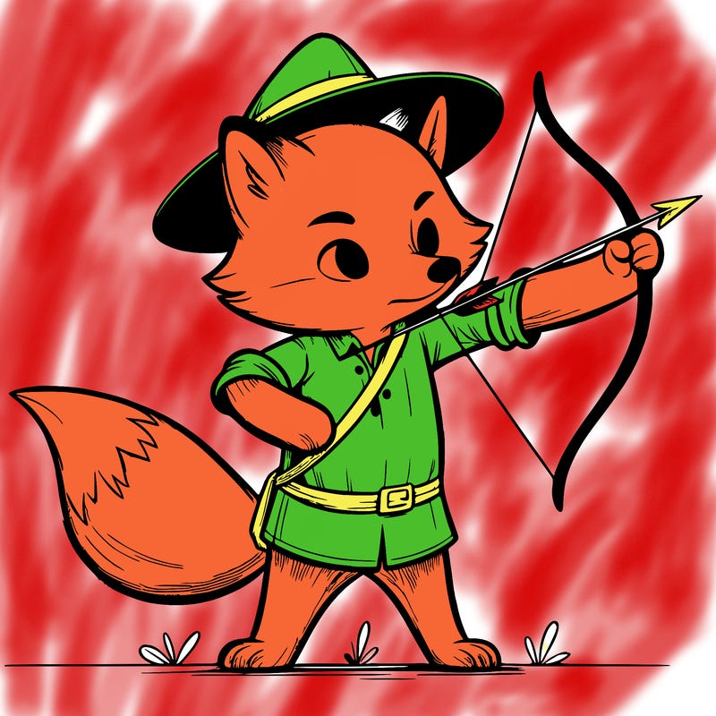 a fox standing up, with a long shirt, and a small hat, shooting an arrow realistic