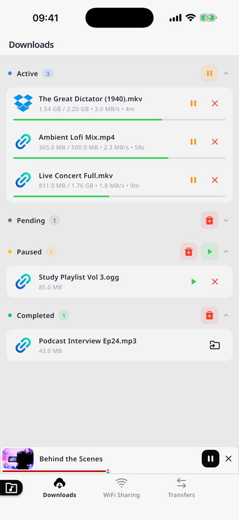 xDL - Cloud Files Downloader - Interfaz que muestra el estado de las descargas de archivos activas y completadas en la aplicación xDL