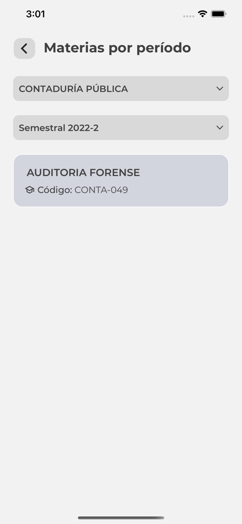 Forensic Audit를 포함한 공인회계사 과정의 학기별 학업 과목을 보여주는 UA now 앱 인터페이스.