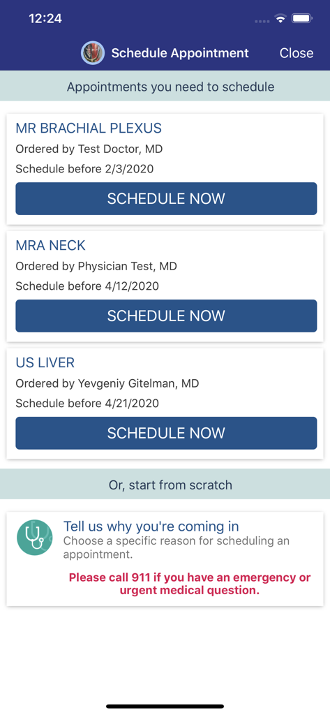 The appointment scheduling screen in the myPennMedicine app showing a list of pending medical tests and book now buttons