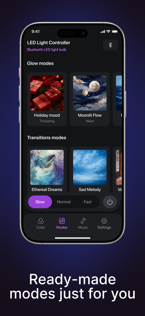 Interface of the LED light controller app displaying various ready made lighting modes and transitions on an iPhone