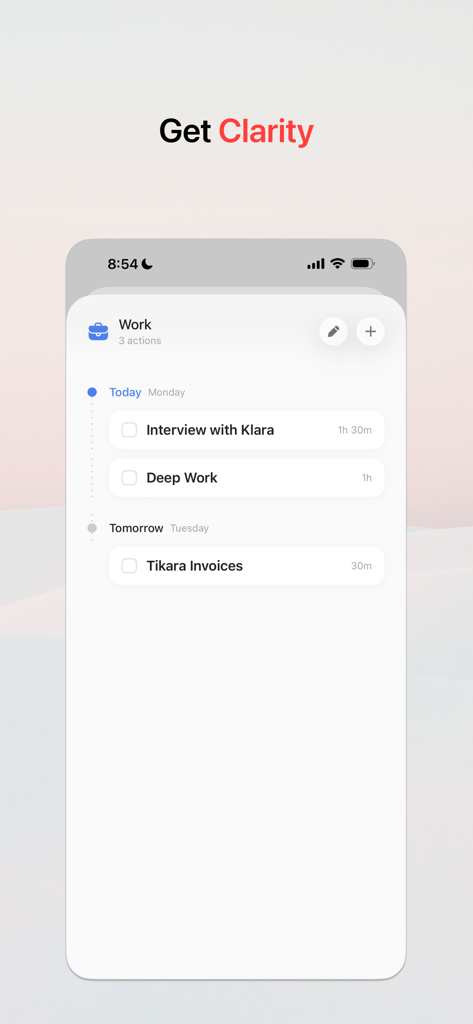 Momento - Planner - Minimalist work timeline in Momento planner app showing tasks for today and tomorrow