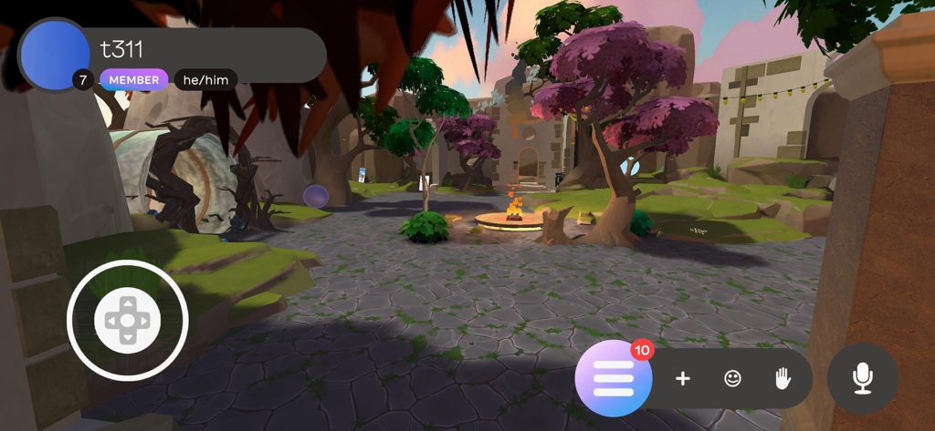 Innerworld: mental health help - A 3D virtual environment in Innerworld with a central campfire, stone paths, and user interface controls for a mental health support session.