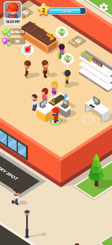 My Supermarket! - A screenshot of My Supermarket showing customers at the checkout counter and store shelves