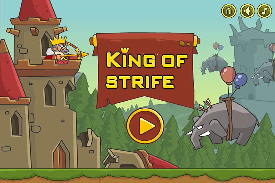 王国保卫战OL-我的超级黄金矿工(萝卜的世界) - King of Strife game menu featuring a cartoon king on a castle tower and armored flying elephants with balloons