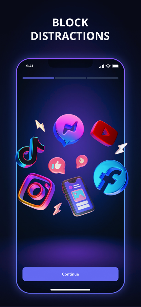 Shade: App Lock & Blocker - Interface do aplicativo Shade com ícones flutuantes de redes sociais e texto dizendo 'bloquear distrações'