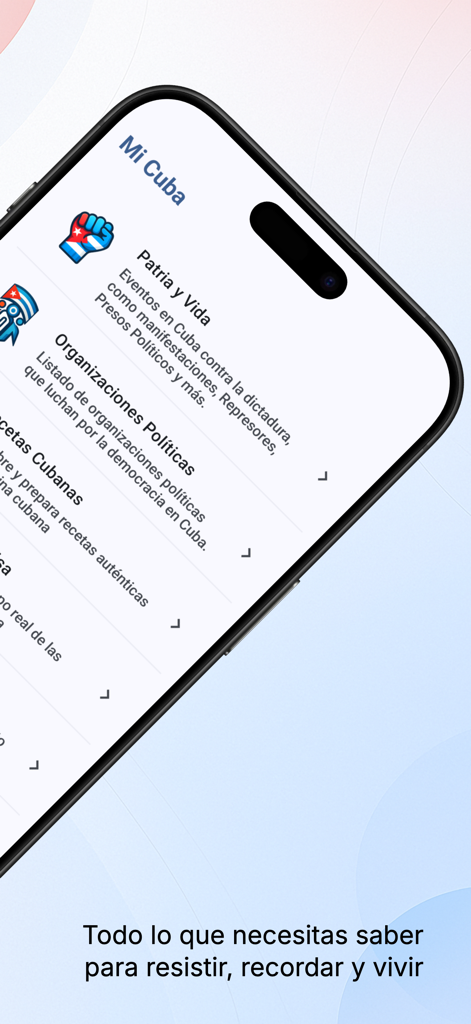 Interfaz de la aplicación Neo Mambi mostrando la sección Mi Cuba con elementos de menú para noticias políticas y recetas cubanas tradicionales