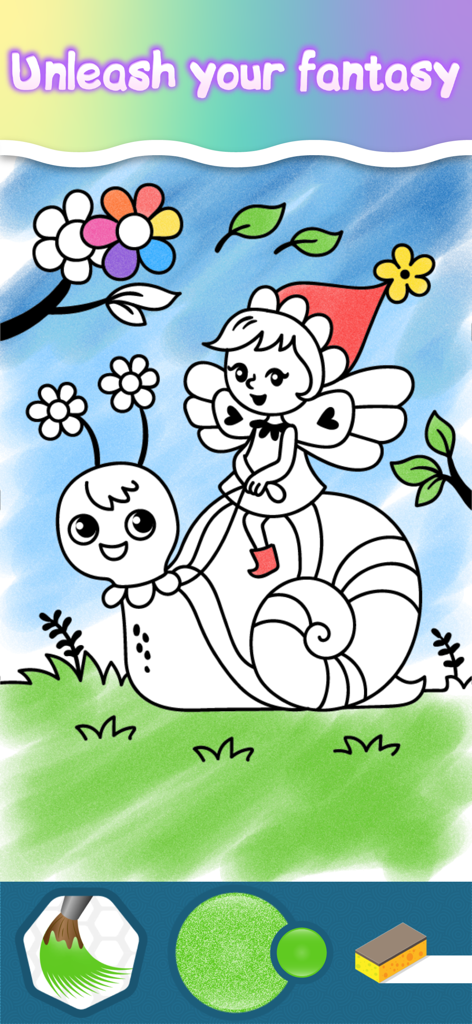 Coloring page of a fairy riding a snail with digital painting tools